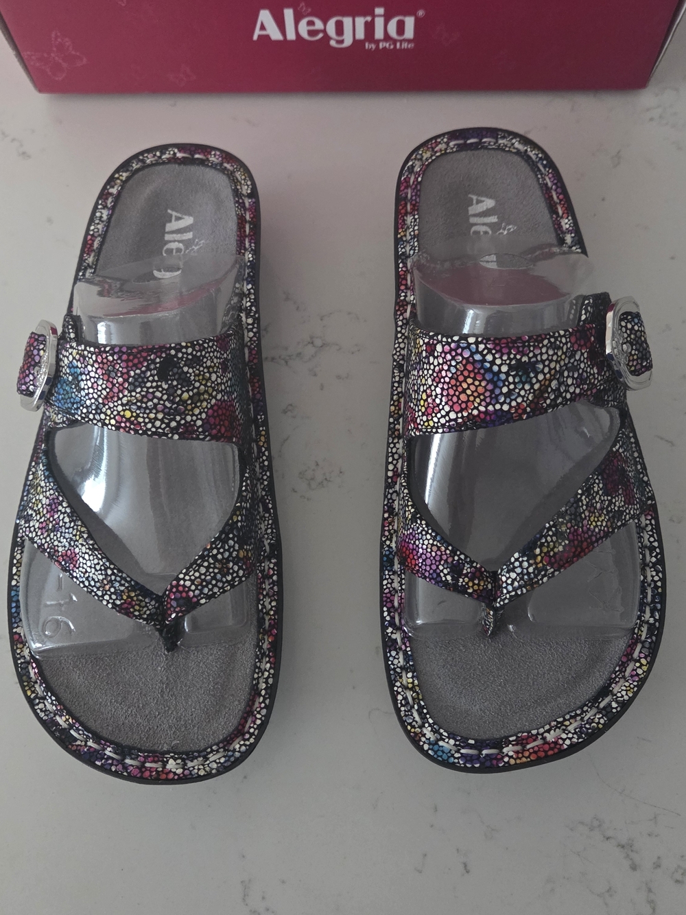Alegria Blissful Black Multi-Color Wedge Sandals